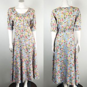 Vintage Starina Rayon 90s Y2K Fit & Flare Blue Floral Midi Dress Size Medium